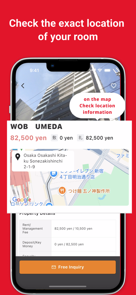 Best Estate app showing property location on a map with rental details for an apartment in Osaka, Japan.