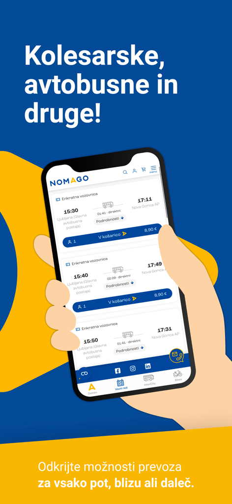 Una mano che tiene uno smartphone che mostra l'interfaccia dell'app Nomago per la prenotazione di biglietti di autobus intercity in Slovenia.