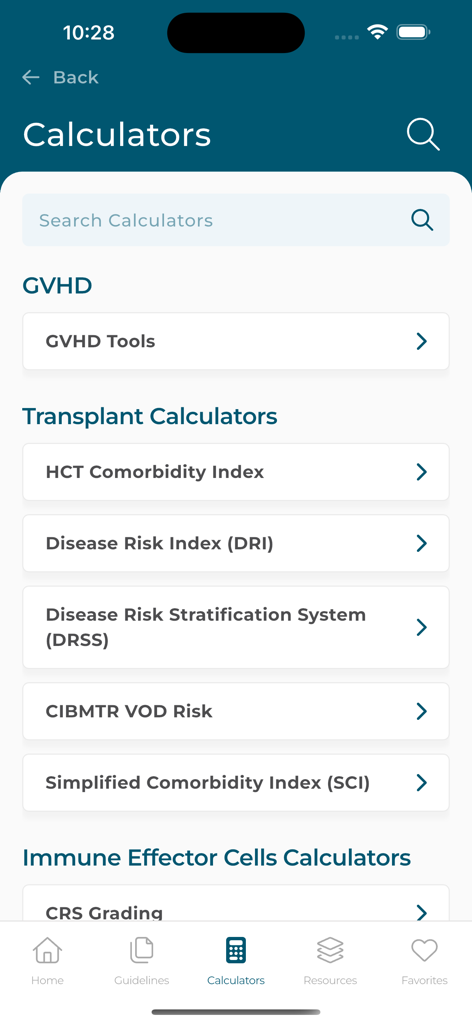 ASTCT Practice Guidelines - Clinical calculators menu in the ASTCT Practice Guidelines mobile app