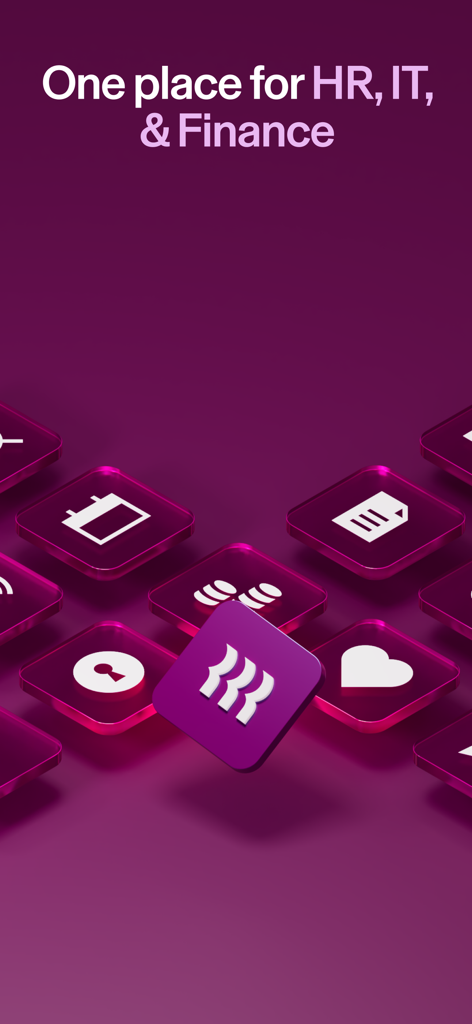 Rippling - HR, IT & Finance - Rippling 앱 인터페이스에 'HR, IT, 금융 통합 관리'라는 문구와 함께 직무 관리를 위한 3D 아이콘이 표시됨