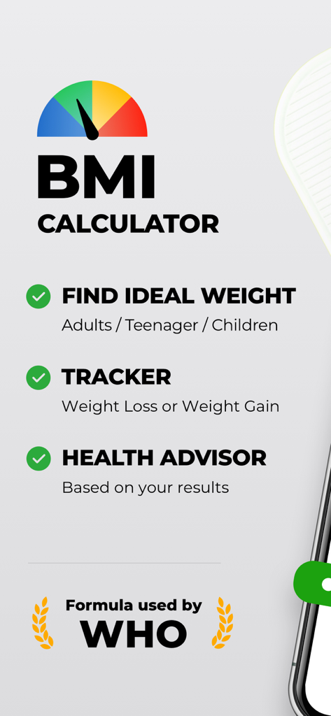 BMI Calculator: Weight Tracker - BMI Calculator app interface showing features like ideal weight finder weight tracker and health advisor using WHO formula