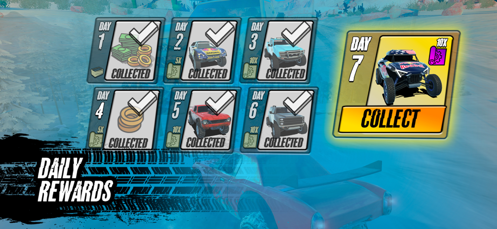 Offroad Unchained - Pantalla de recompensas diarias en Offroad Unchained que muestra siete días de bonificaciones por inicio de sesión, incluido un camión de carreras Red Bull.