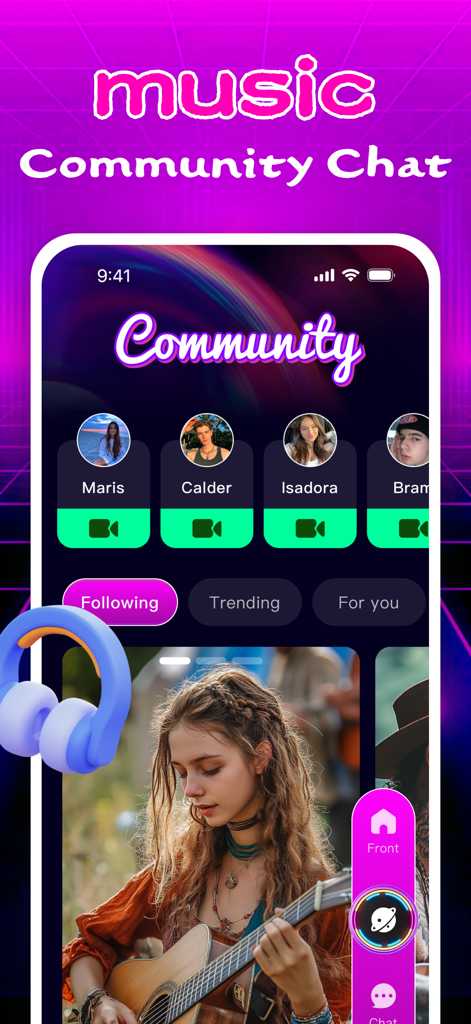 A screenshot of the Rifya app interface showing the music community section with user profiles and a musician playing guitar.