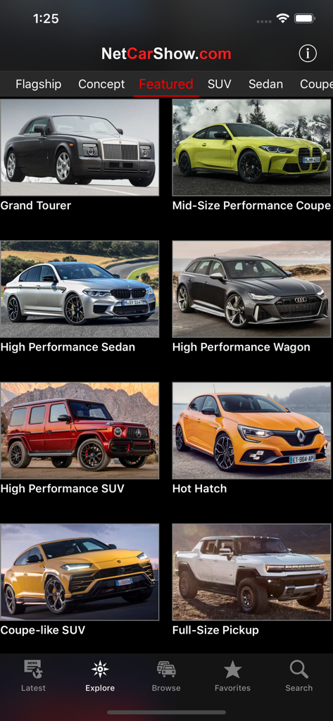 Interfaz de la aplicación NetCarShow que muestra una galería de modelos de coches destacados con fotografía de alta calidad.