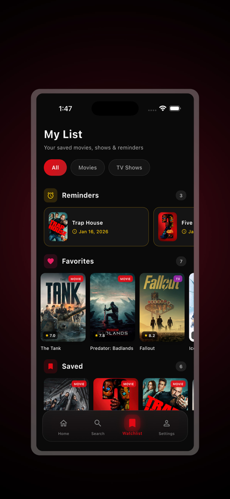 MovieDex app interface showing the My List section with saved movies and TV show reminders in dark mode