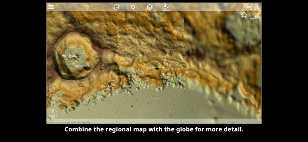GlobeViewer Moon PRO - High-resolution 3D regional map showing detailed lunar topography and Bianchini craters.