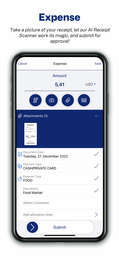 Continia Expense App interface for scanning and submitting business receipts