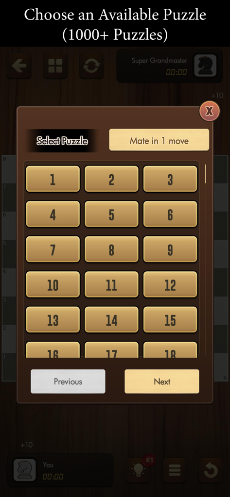 Un menu dans l'application Échecs Jouer contre l'ordinateur montrant une sélection de casse-têtes de mat en un coup.