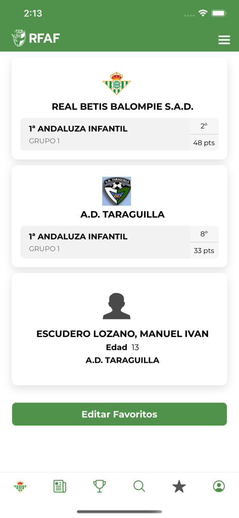 RFAF APP - RFAFモバイルアプリの画面、お気に入りのフットボールチームと選手統計を表示