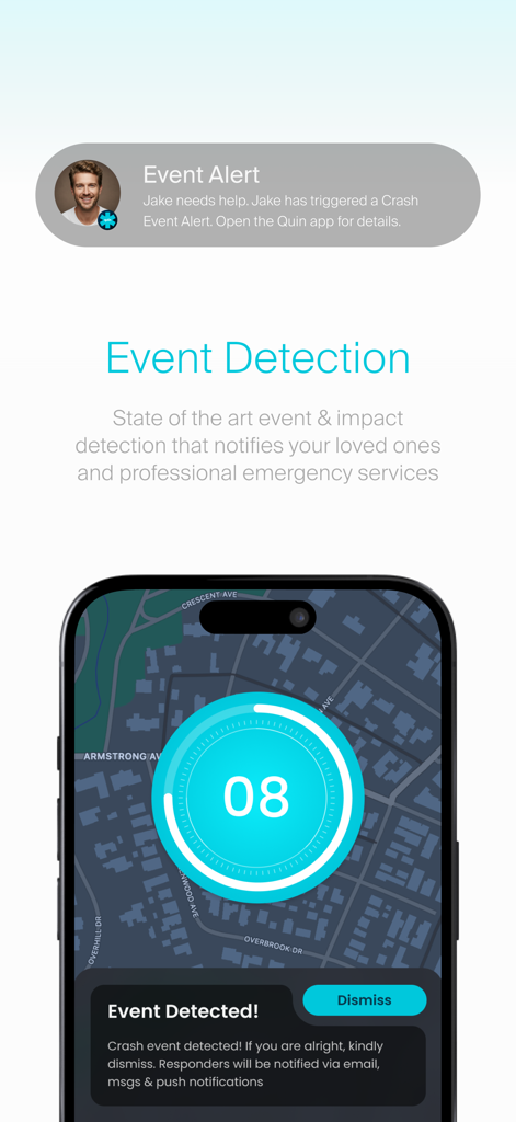 Quin Within - Quin Within app interface showing a crash event detection notification and emergency countdown timer on a mobile screen