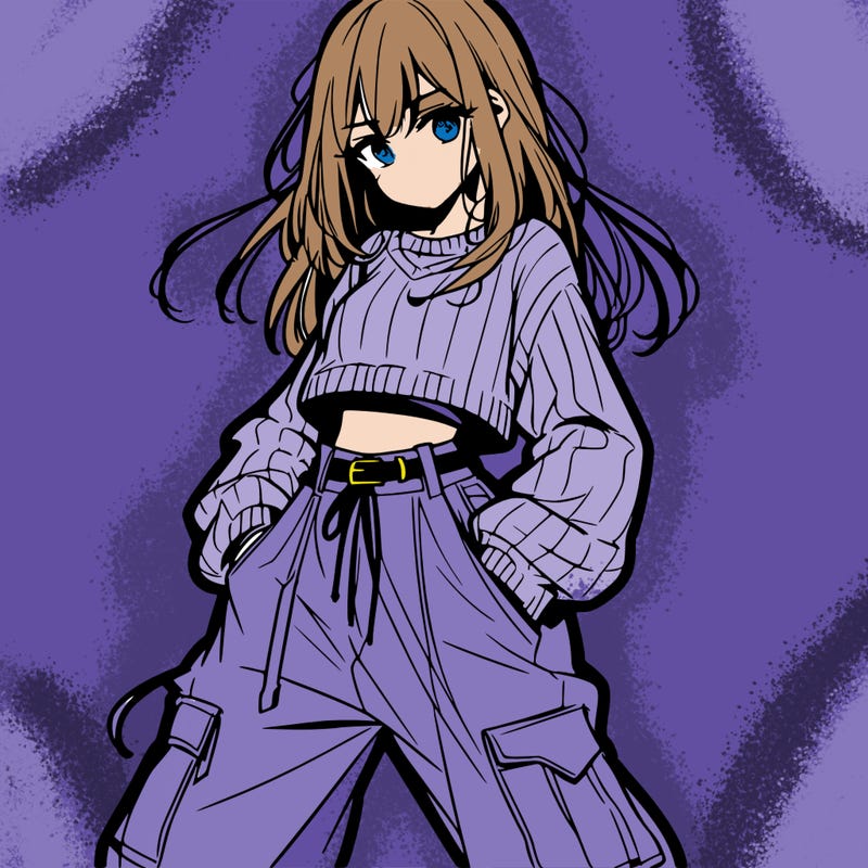 anime teen girl with baggy pants and crop top with sweater