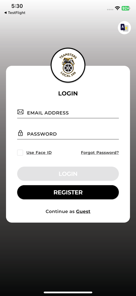 Teamsters 396 - Login and registration screen for the Teamsters Local 396 mobile app