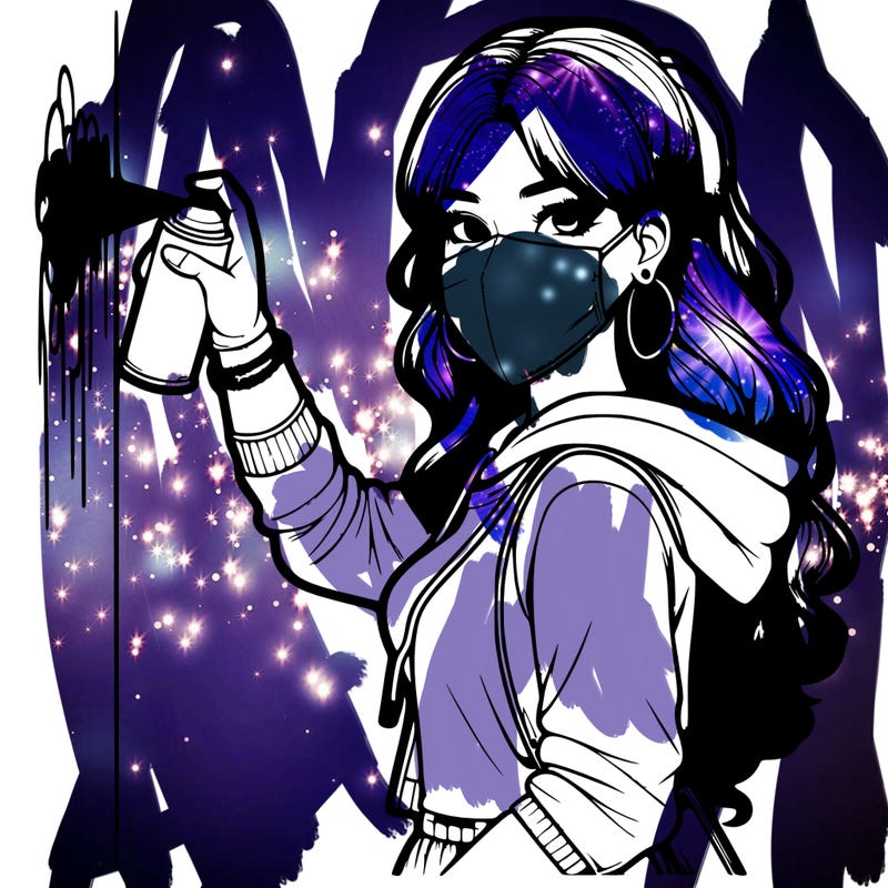 realistic girl with mask spray painting a wall