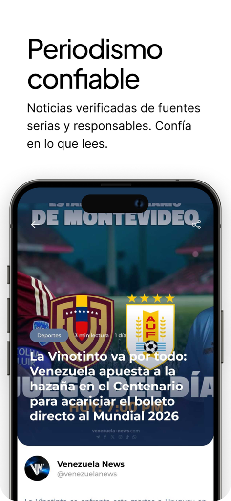 Venezuela News App - Venezuela News App displaying sports news about the national soccer team La Vinotinto