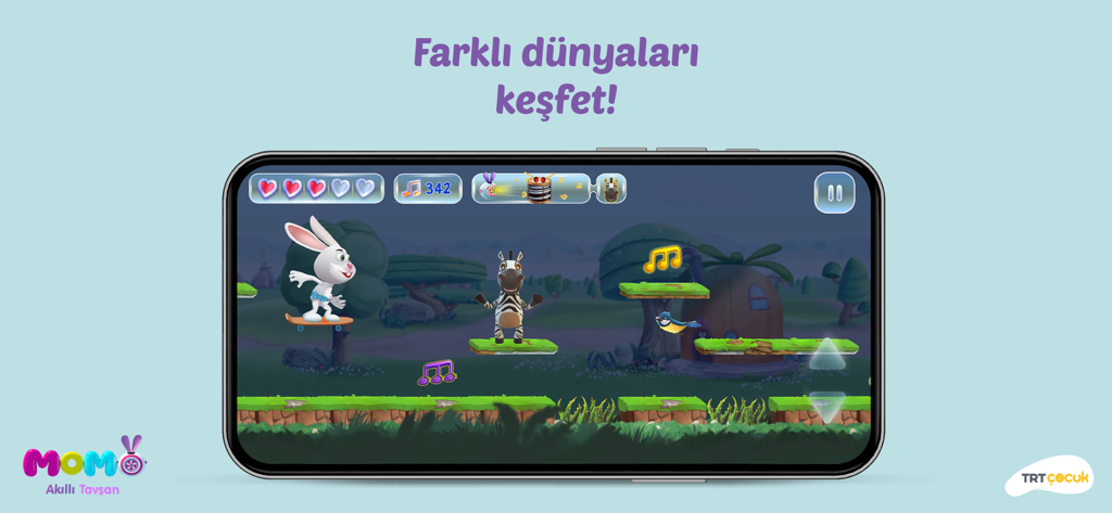 TRT Çocuk Akıllı Tavşan - Smart Rabbit Momo skateboarding on platforms and collecting musical notes in a forest setting