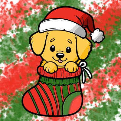 cute puppy wearing santa hat in socking