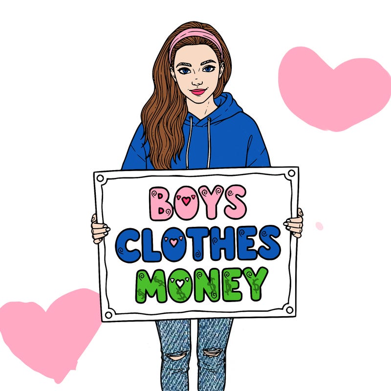 make a realistic teen holding a sigh that says " boys clothes money" in very cute letters