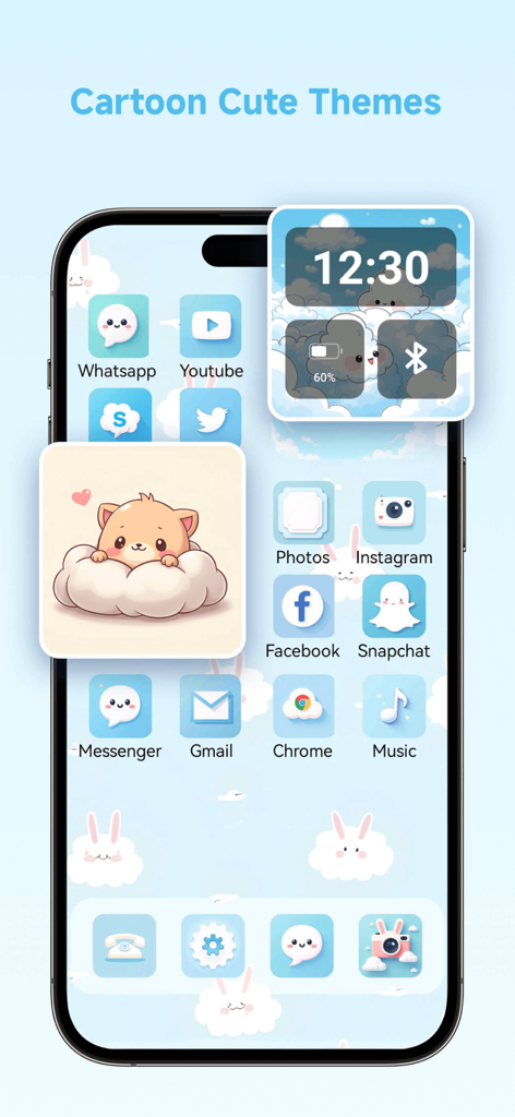 iPhone home screen customized with a cute cartoon cloud theme featuring a cat widget and rabbit icons