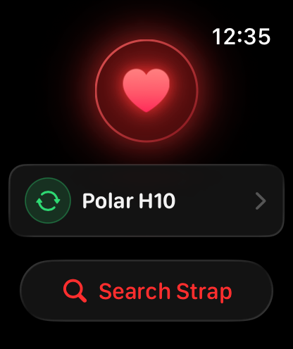 HRM Battery - Apple Watch interface showing HRM Battery app with Polar H10 connection and search strap button