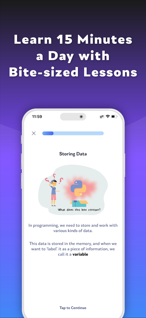 Bite-sized coding lesson explaining variables and data storage in the Coding X app