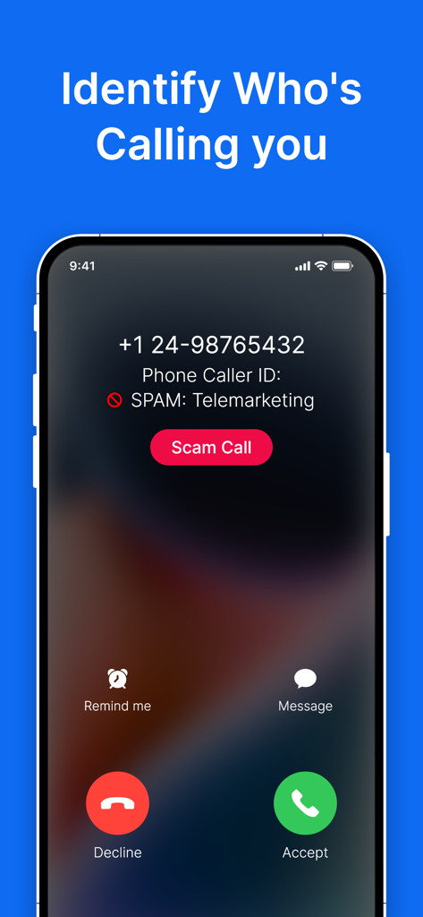 Show Caller Name & Block Spam - iPhone screen identifying an incoming scam call as telemarketing with options to decline or accept