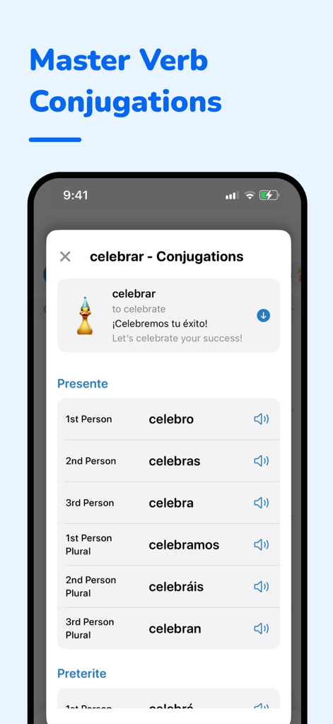 FluentFlow - Una pantalla móvil de la aplicación FluentFlow que muestra las conjugaciones de verbos en español para la palabra celebrar en tiempo presente.