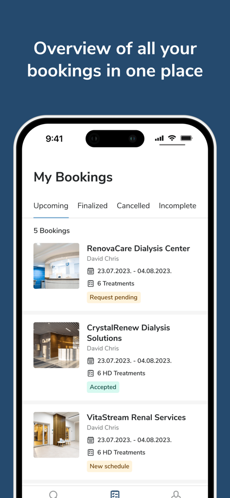 bookdialysis - travel app - A smartphone screen displaying a list of upcoming dialysis clinic appointments in the bookdialysis travel app