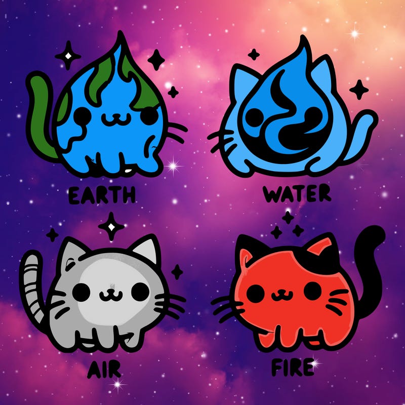 4 cats that represent the different elements, earth, water, air, and fire