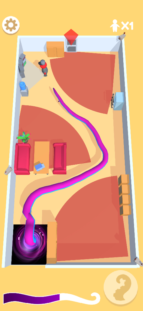 Gameplay of Tentacle Monster 3D showing a purple tentacle sneaking through a room to avoid detection