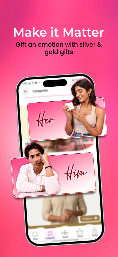 GIVA mobile app interface showcasing silver and gold jewelry gift options for him and her