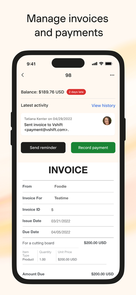 A mobile screen from the Harvest app showing a detailed invoice with options to send reminders and record payments