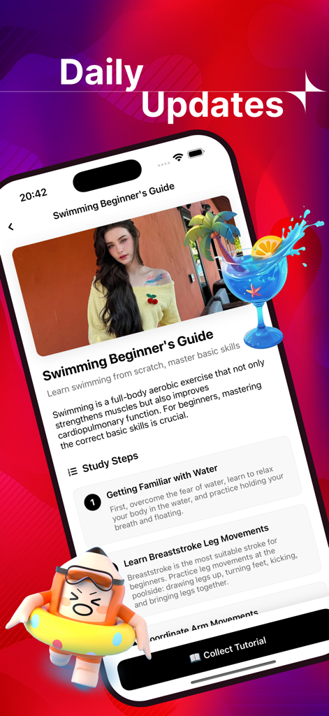 Nuvzy - Video Call，Social Hub - La pantalla de la aplicación Nuvzy muestra una guía para principiantes de natación con pasos de estudio y tutoriales de entrenamiento.