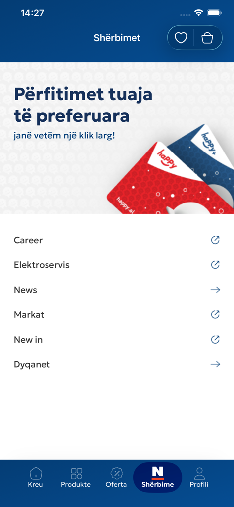 Neptun Albania - The services tab of the Neptun Albania mobile app showing loyalty cards and corporate links like career and stores