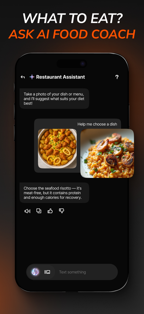 ChAthlete・AI Fitness Coach App - Il coach alimentare AI raccomanda un'opzione di pasto salutare nell'interfaccia di chat dell'app ChAthlete.