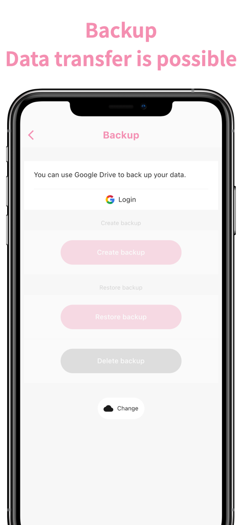 Screen showing data backup and transfer options via Google Drive in the Poop Tracker app