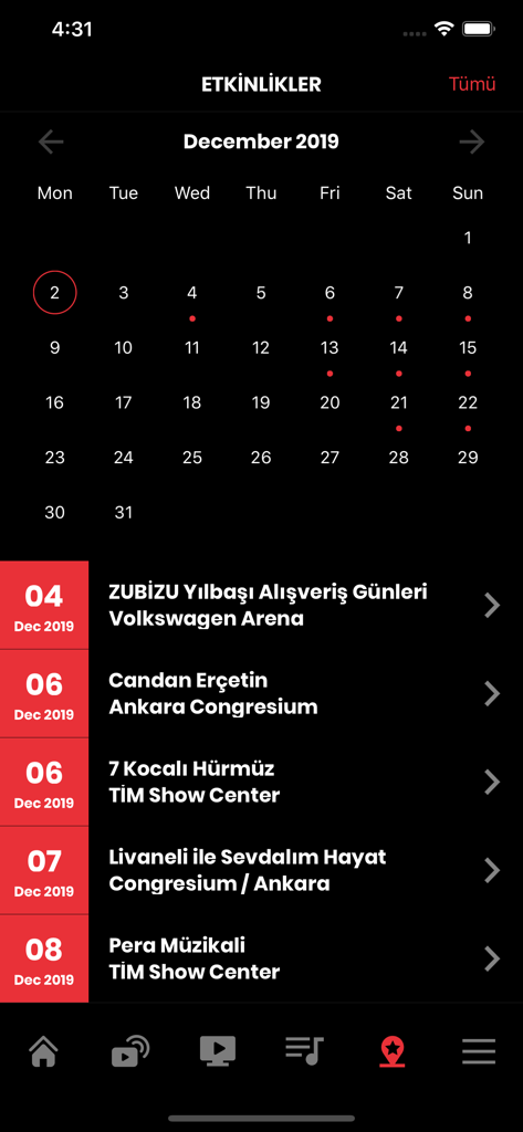 Calendario eventi dell'app KRAL che mostra date e luoghi di concerti turchi