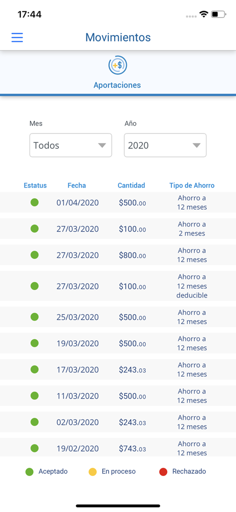 Profuturo Móvil - List of retirement savings contributions and transaction history in the Profuturo Movil app