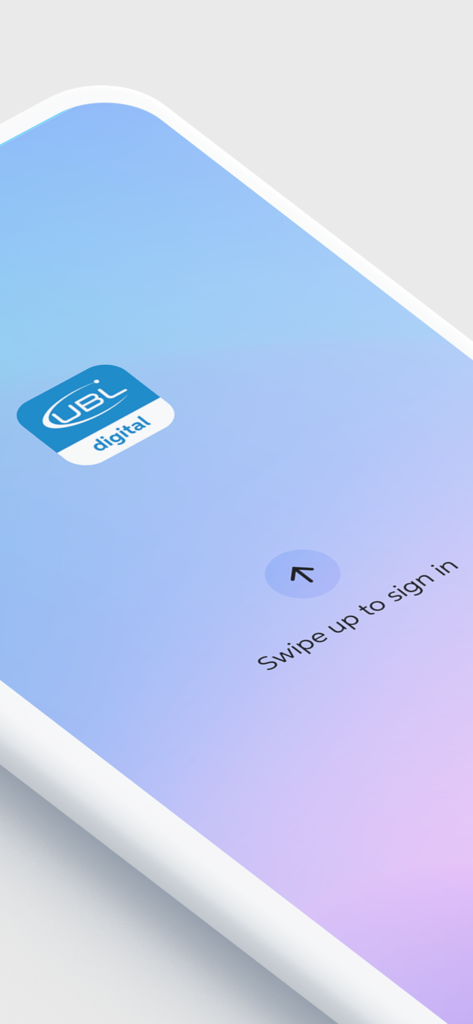 UBL Digital - Safe Banking - Écran de connexion de l'application bancaire mobile UBL Digital avec une invite de balayage vers le haut pour se connecter