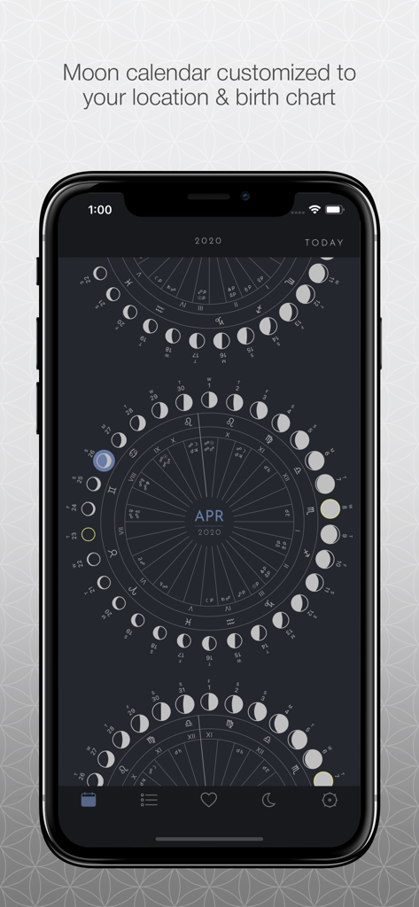 The Moon Calendar - Una interfaz de calendario lunar circular con fases lunares y símbolos astrológicos en la pantalla de un iPhone.