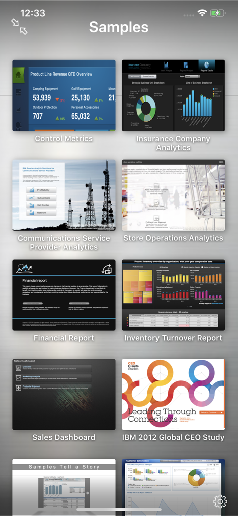 Report di esempio e schermata di dashboard aziendali dell'app IBM Cognos Analytics