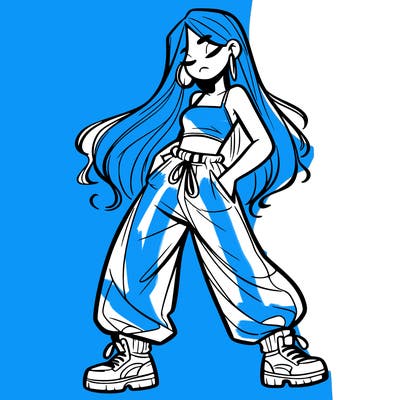 girl in baggy pants crop top and long hair