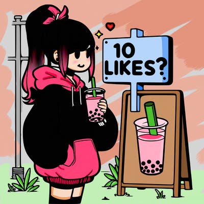 girl with oversized hoodie drinking boba and she has a high ponytail with a sign that says 10likes?