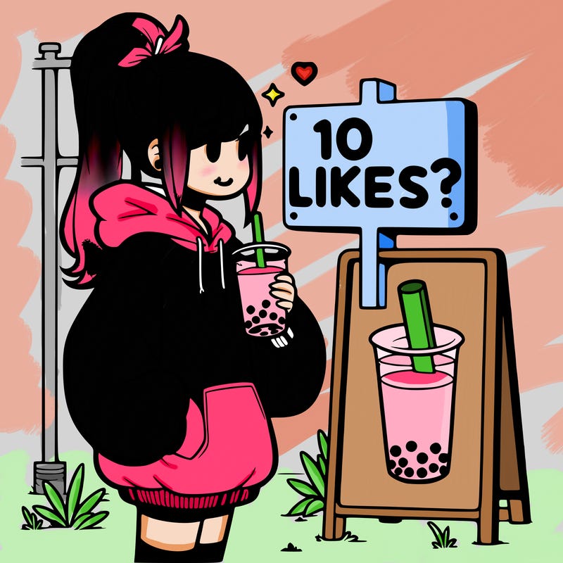 girl with oversized hoodie drinking boba and she has a high ponytail with a sign that says 10likes?
