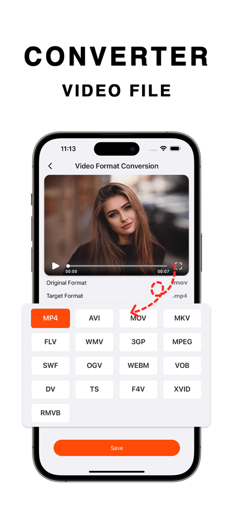 Video Compressor & Converter - iPhone에서 변환을 위한 다양한 파일 형식 옵션을 보여주는 비디오 변환기 앱 인터페이스