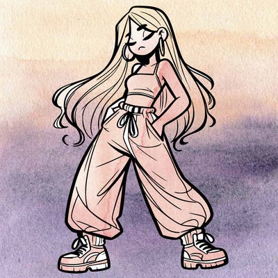 girl in baggy pants crop top and long hair