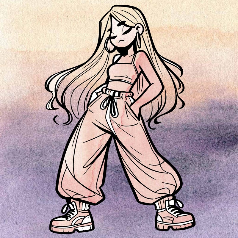 girl in baggy pants crop top and long hair
