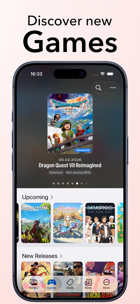 SwitchBuddy: Switch App - SwitchBuddy app interface showing the Discover Games section with upcoming titles and new releases for Nintendo Switch
