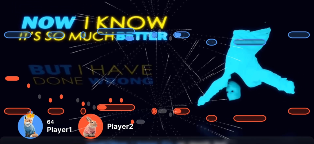 SingFever - Your Sing Game - Gameplay screen of SingFever showing two players singing a duet with lyrics and real-time pitch bars.