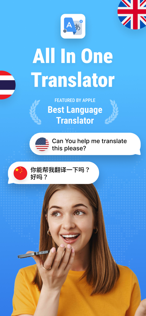 GO Translate: AI Translator - GO Translate AI Translator app interface showing voice translation from English to Chinese with a woman using her smartphone