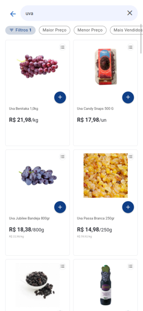 Emporio Hortisabor - Search results for grapes in the Emporio Hortisabor app displaying a variety of fresh grapes and specialty raisins with prices.